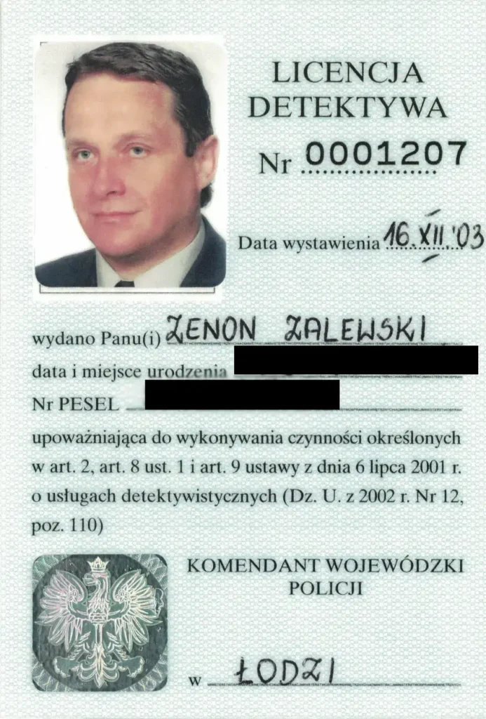Licencja detektywa nr 0001207 – Agencja Inter-Securus Łódź